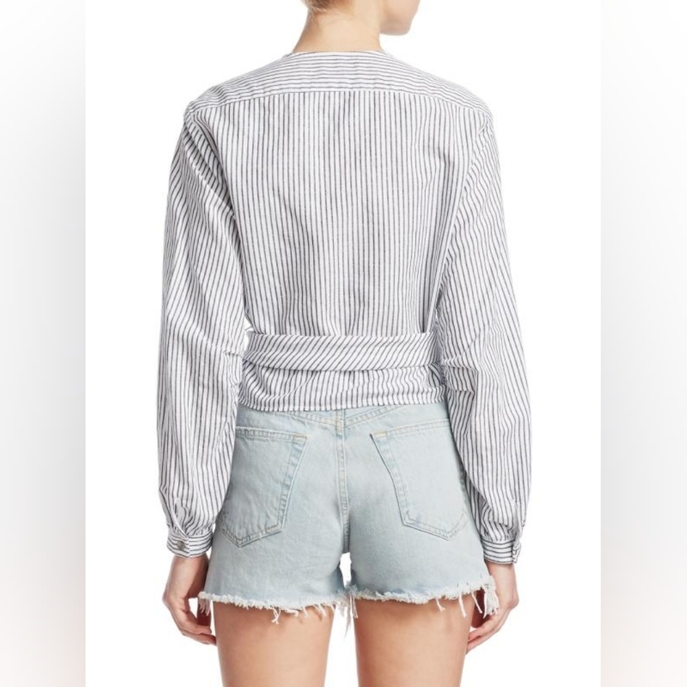 Rag & Bone Grey Striped Cotton Linen V-Neck Long Sleeve Cropped Wrap Blouse - Picture 4 of 9